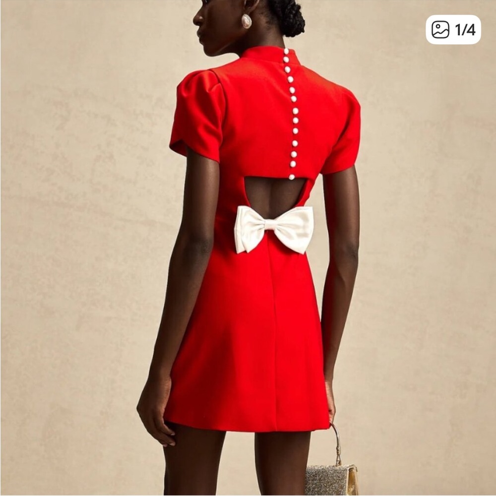 Miss Rosier Anna Red Petal-Sleeve Cut-Out Bow Mini Dress